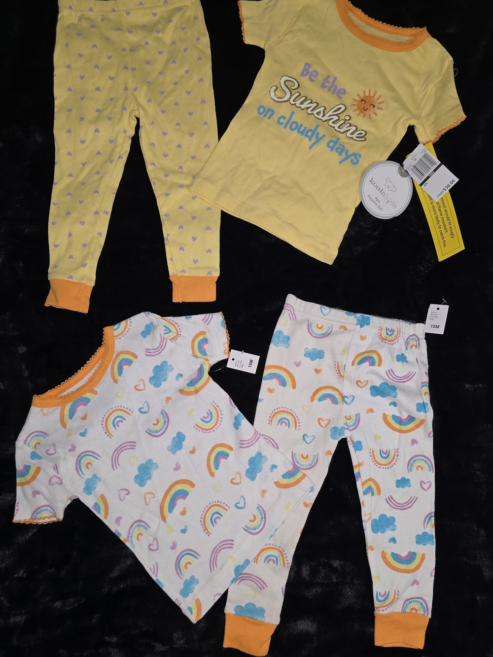 Koala Kids 4 Piece  Pajama Set 18M Rainbow Sunshine Hearts Yellow Orange NWT
